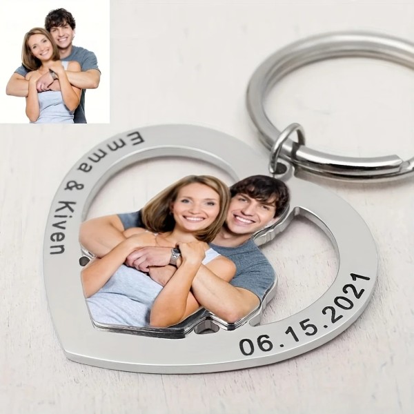 Personalisierter Herz Schlüsselanhänger mit eigenem Foto & Gravur – Fotoanhänger mit Namen