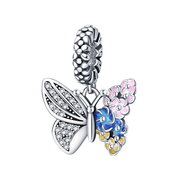 Schmetterling-Anhänger mit bunten Blüten Design aus 925 Sterling Silber