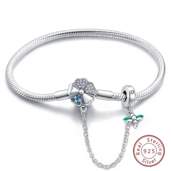 Kleeblatt Silberarmband aus 925 Sterling Silber mit buntem Zirkonia