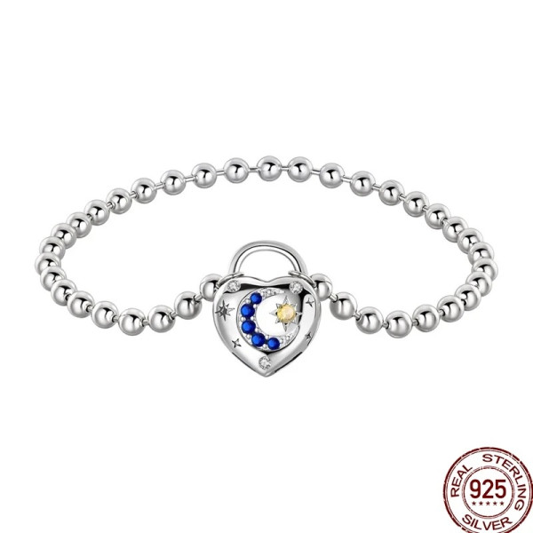 Silberarmband aus 925 Sterling Silber, Kugelarmband mit Mond und Stern, Zirkonia Armband