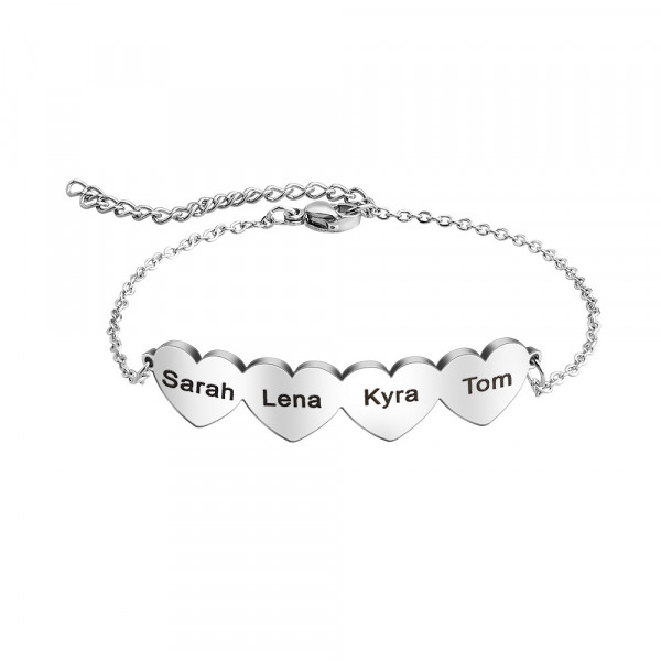 Armband mit gravierten Herz-Anhänger, Personalisiertes Damenarmband mit mehreren Namen