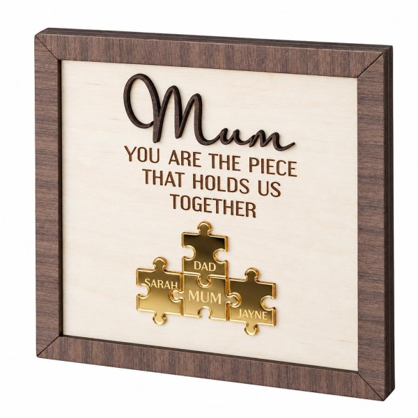 Personalisiertes Holzbild für Mama mit Namen – Dekoratives Familienbild mit Puzzle-Design