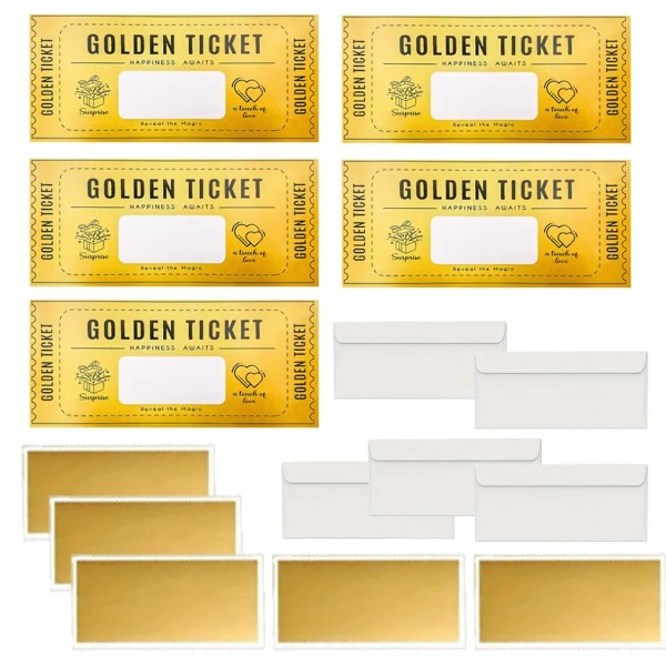 5 Stück Golden Ticket Gutscheine – Geschenkgutscheine mit Umschlägen