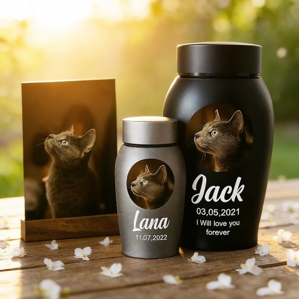 Personalisierte Tierurne mit Foto, Name & Datum – Gedenkurne für Hund oder Katze mit Wunschtext