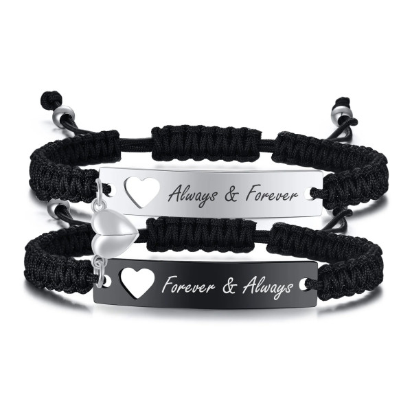(2er Set) Partnerarmbänder – Stoff & Edelstahl Armband mit Wunschtext Gravur