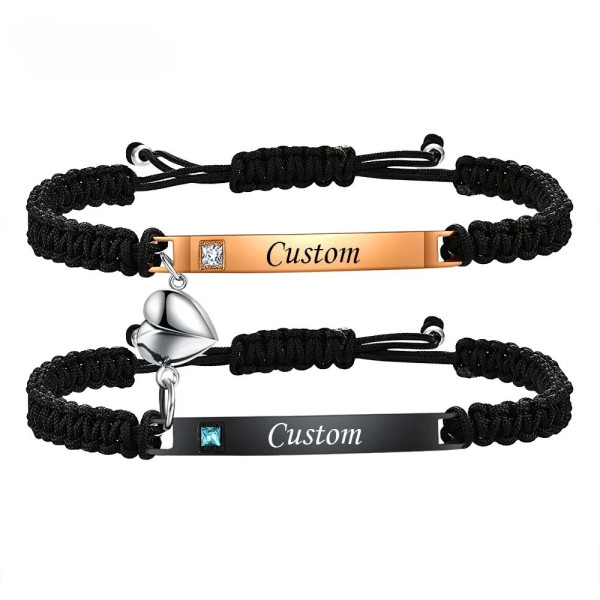 (2er Set) Pärchenarmband – Stoffarmbänder mit Wunschtext & Symbol Gravur